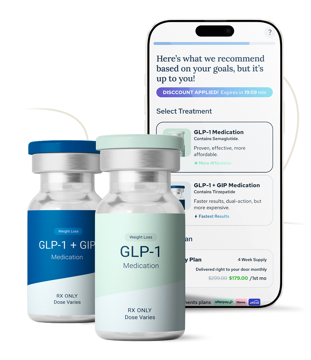 GLP-1 weight loss medication vials and treatment app